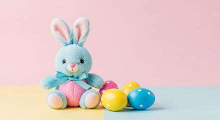 Fototapeta premium A blue stuffed Easter bunny with a bow tie sits next to colorful Easter eggs on a pastel background