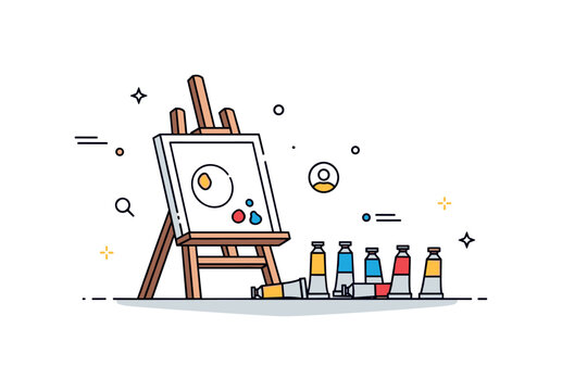 Home art hobby scene featuring a simple desk easel with a half finished canvas and scattered paint tubes arranged neatly, symbolizing relaxation and personal