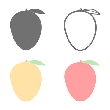 マンゴーアイコンセット 白黒・線画・カラーのシンプルな果物イラスト素材