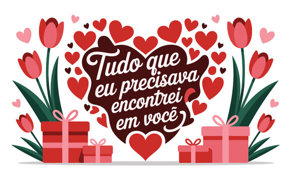A vibrant Valentine's Day vector graphic featuring a heart with Portuguese text surrounded by tulips and gifts
