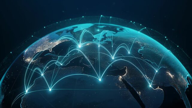Global Network Connection: Digital Earth Connectivity, International Data Transfer, Glowing World Map Communication, and Futuristic Technology Motion Graphic.
