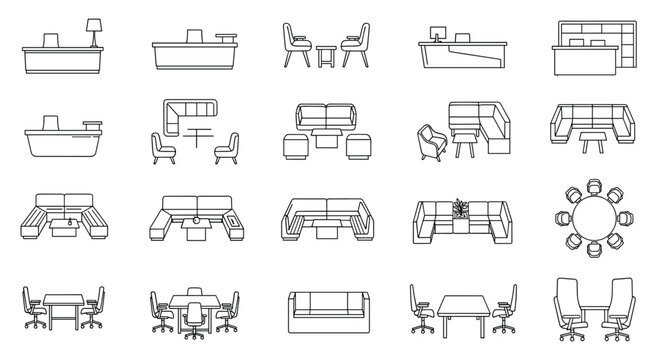 A collection of various furniture line icons including sofas chairs tables and desks in a simple line style, Generative AI.