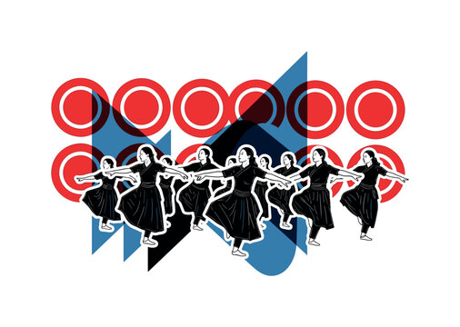 Black and white group of dancers learning synchronized traditional steps, repeated circular motifs in red creating visual rhythm behind them,