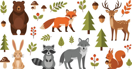 Naklejka premium Forest Animals Collection Featuring Bear Fox Deer Wolf Rabbit Raccoon and Squirrel with Woodland Plants in Flat Cartoon Vector Illustration Style.