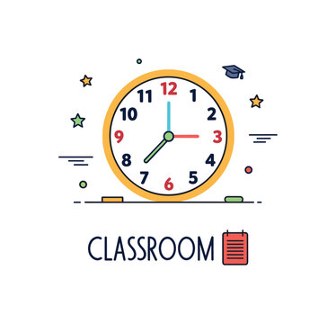 Classroom clock dial simple wall clock with bold numbers positioned above a faint chalkboard line, conveying academic schedule and school routine. Minimalist