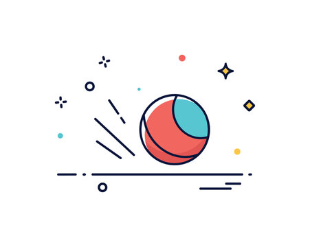 Ball bouncing on a clean white surface with small motion lines and shadows, capturing playfulness, energy, and movement. Minimalist flat vector illustration,