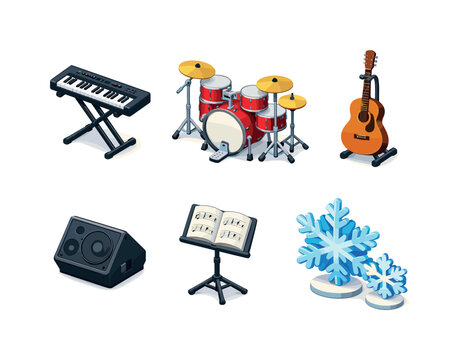 Festive Music Performance. Isometric flat vector icons set of Festive Music Performance: electric keyboard on stand, drum kit with cymbals, acoustic guitar on