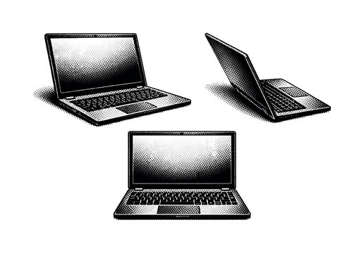 Laptop shown as a realistic portable computer with a thin chassis, hinged display, and integrated keyboard, presented as a single object. Black and white dot