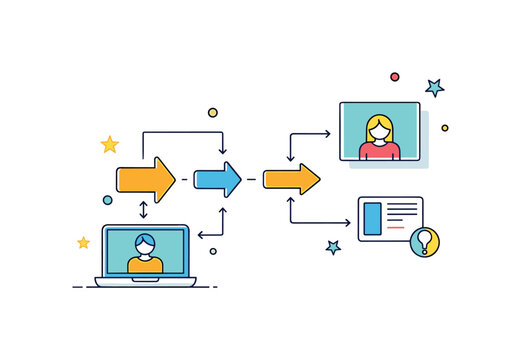 Algorithm design concept flowchart diagram connected to simple laptop icon, arrows forming logical sequence. A structured visual metaphor for computational