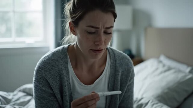 Caucasian Woman Bedroom Holding Pregnancy Test, Seated On Bed In Grey Cardigan, Furrowed Brow While Inspecting Faint Line, Shifts Between Hope And Fear, Silent Tears, Contemplating Next