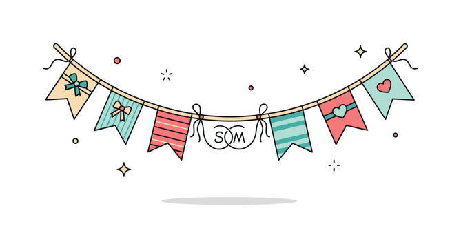 Handmade wedding bunting design illustrated by elegant fabric flags with delicate heart accents and intertwined initials at the center, symbolizing romance and