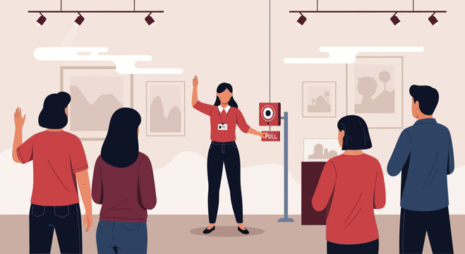 Museum guide leads tourists through art exhibition with paintings and sculptures