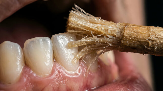 Macro view of a person using a natural Miswak stick to clean teeth, focusing on traditional herbal dental hygiene and oral care.