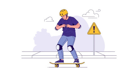 Fototapeta premium Skateboarder wearing protective gear, performing tricks on a street with a warning sign.