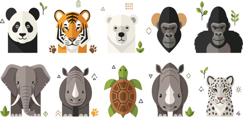 Set of Wild Animal Faces Including Panda Tiger Bear Gorilla Elephant Rhino Turtle and Leopard in Flat Cartoon Style Vector Illustration Design. © MstSuborna