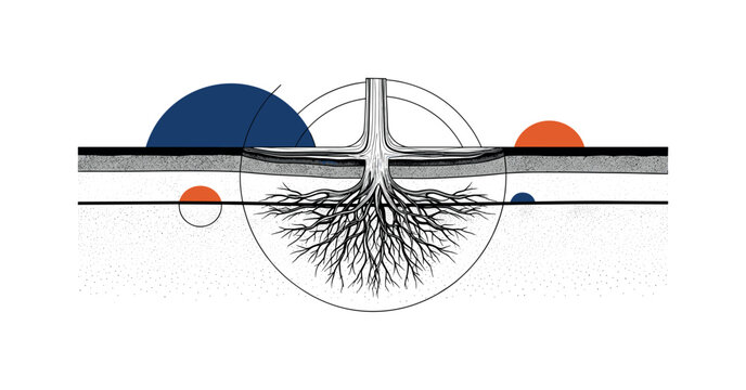 Black and white forest floor cross-section revealing layers of soil and roots, structured geometric planes and semicircles mapping ecosystem depth, bold deep