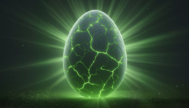 easter egg. alien egg with green glowing cracks and light rays.
