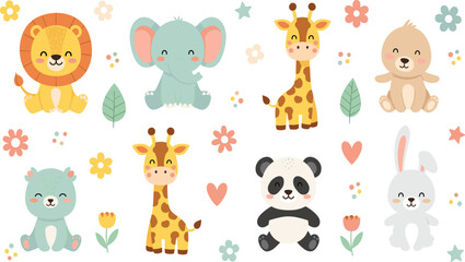 Cute Baby Animals Set Including Lion Elephant Giraffe Panda Rabbit and Bear with Floral Elements in Cartoon Style Vector Illustration. © MstSuborna