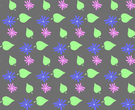Seamless floral pattern of blue and pink flowers on a gray background