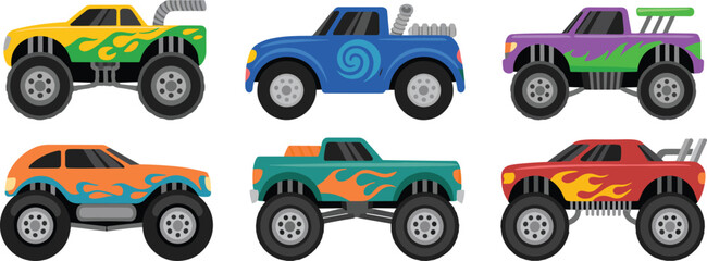 Monster truck vector illustration set, colorful offroad vehicles collection with flame graphics big wheels cartoon transport automotive design artwork © LatifunNahar