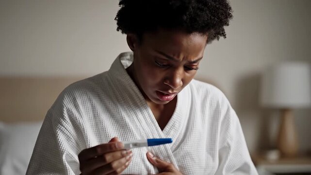 Black Woman In Robe Checking Pregnancy Test, Tense Expression, Bedside Lamp Glow, Trembling Hands Holding Plastic Stick, PostIVF Uncertainty, Private Moment Of Reflection And Possible