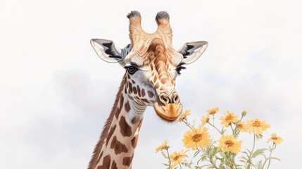 Obraz premium Watercolor giraffe illustration for children’s safari or zoo learning material. Tall African animal with gentle eyes and acacia tree background. High quality illustration