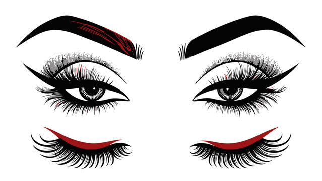 Vector makeup illustrations of eye and lip silhouettes with lashes and eyebrows
