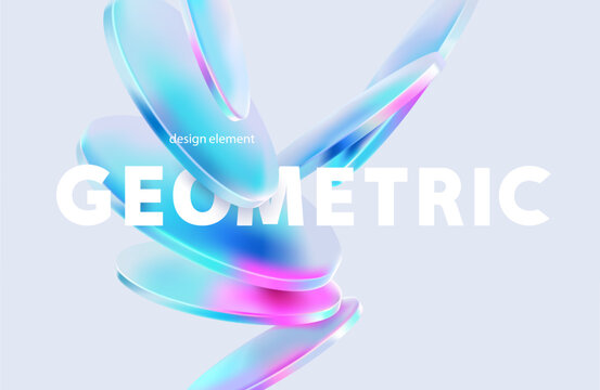 Transparent and glass geometric shape. Abstract composition of 3D circles and disks in liquid glass style. Vector design elements.