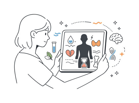 Hormone disruptors and health concerns. Person looking at a simple body silhouette or chart on a tablet, neutral and attentive expression. Abstract signals