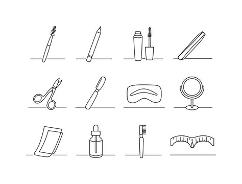 "Eyebrow Beauty Routine". Minimalistic set one-line drawing eyebrow brush spoolie, eyebrow pencil, eyebrow gel tube, eyebrow tweezers, eyebrow scissors,