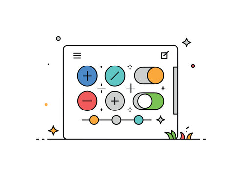 Minimal UI components set represented by a small cluster of buttons, toggles, and sliders arranged neatly within a device frame, communicating modular design