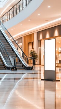 A modern shopping mall interior featuring an escalator and an illuminated advertising display