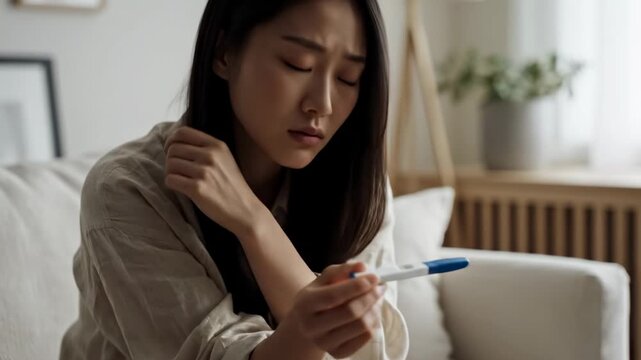Asian Teacher Holds Pregnancy Test, Pensive Closeup On Living Room Sofa With Soft Daylight, Subtle Tension In Hands, Tearful Gaze, Domestic Interior, Ivf And Medical Context, Intimate