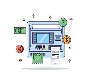 ATM machine showing a user inserting a card and receiving a printed receipt, with small icons for currency and transaction symbols around, representing