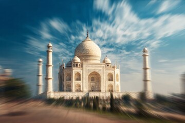 Fototapeta premium Majestic marble mausoleum stands under a streaked blue sky with motion blur effects