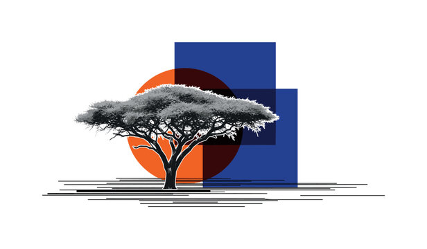 black and white acacia tree with wide canopy as central object, realistic cut-out with subtle white outline, layered with bold burnt orange circle and deep