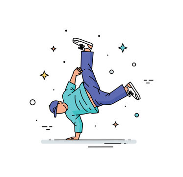 Breakdance footwork with a dancer performing intricate spins and slides, highlighting agility, skill, and urban street style. Minimalist flat vector