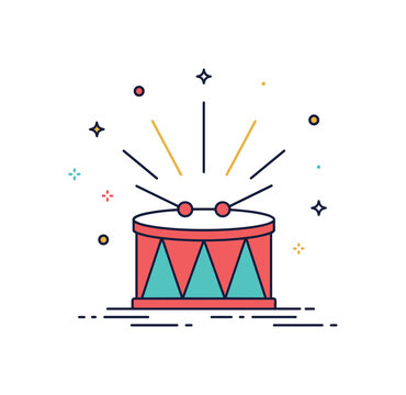 Circus grand finale music illustrated by a central drum with radiating line accents and tiny star shapes, expressing climax and triumphant sound. The compact