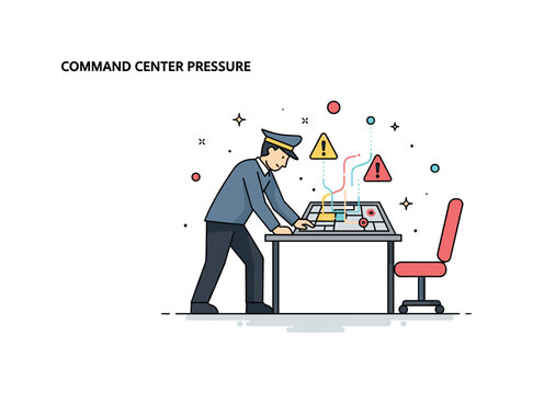 Command center pressure officer silhouette leaning over a compact strategy table with glowing map lines and alert symbols, conveying high stakes decision