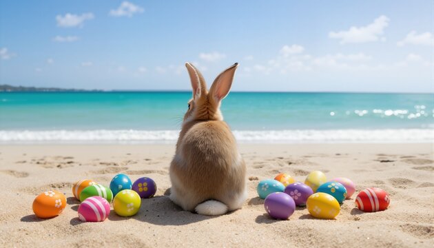 A cute bunny sits with colorful Easter eggs scattered nearby on the sandy beach, back to camera, looking at the turquoise ocean, under a bright sky
