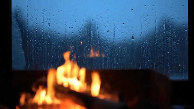 Raindrops on Glass Window with Blazing Fire Below Creating Warm Contrast in Dark Blue Evening