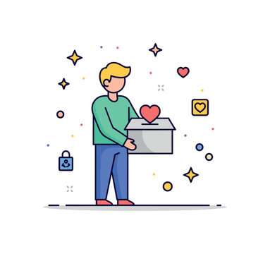 Volunteering and giving back neighborhood help theme shown as a figure holding a donation box with a heart icon, symbolizing grassroots action and civic