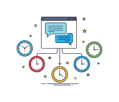 Asynchronous communication flow illustrated by a chat window connected to multiple clocks set to different times, symbolizing thoughtful collaboration without