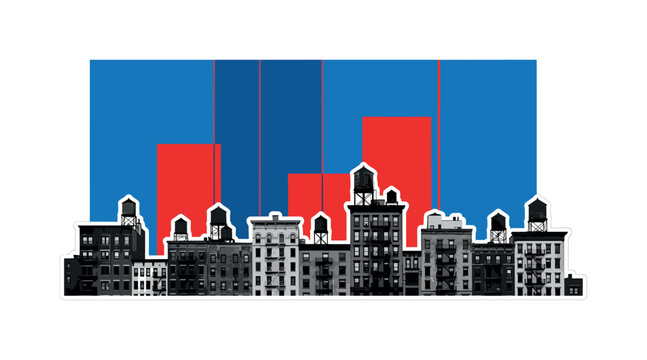 Retro monochrome skyline silhouette of mixed residential buildings with water towers and fire escapes, large flat cobalt blue geometric backdrop intersected by