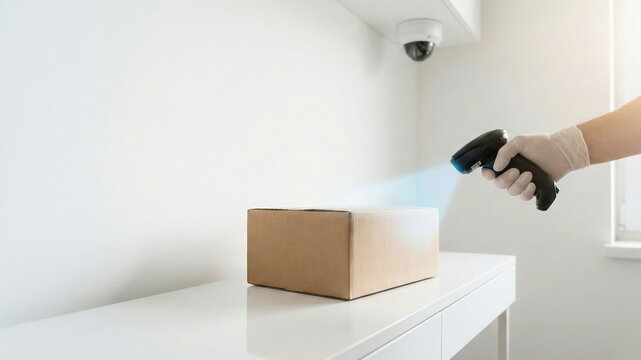Gloved hand scans a cardboard box with a barcode reader in a clean, minimalist environment, emphasizing secure, efficient e-commerce logistics and modern supply chain operations.