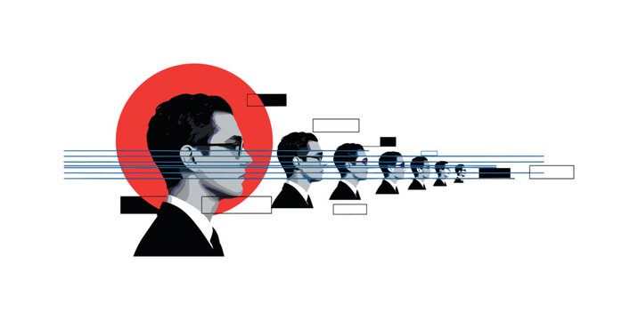 Black and white vintage side profile repeated across frame in diminishing scale, large red semicircle behind largest head as focal tension point, thin blue