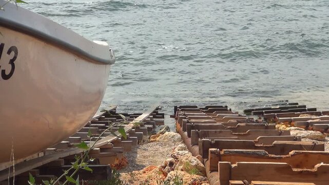 Fishing Boat on Beach, Seashore View, Seaside Waves