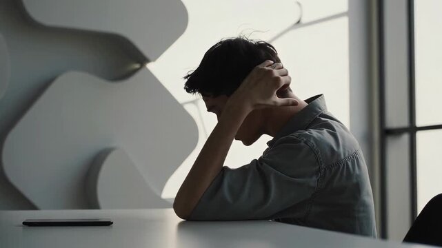 Professional businessman massaging aching neck while working at ergonomic workstation, experiencing workplace stress and muscle tension from prolonged sitting
