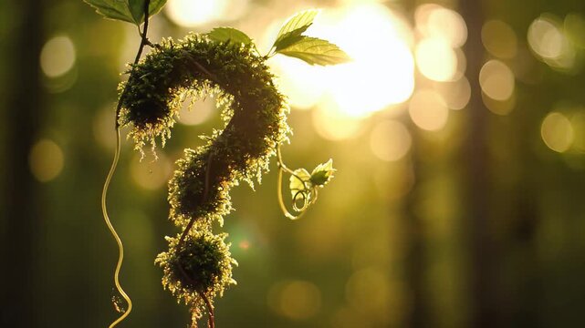 Moss-covered question mark hanging in a sunlit forest, vibrant green texture, natural inquiry concept.