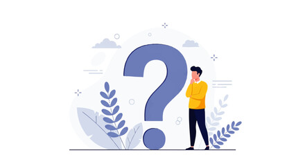 A man in a yellow shirt stands thoughtfully next to a large question mark in a Vector Flat Design Ilustration with blue plants and symbols on a white background. © denijulianto